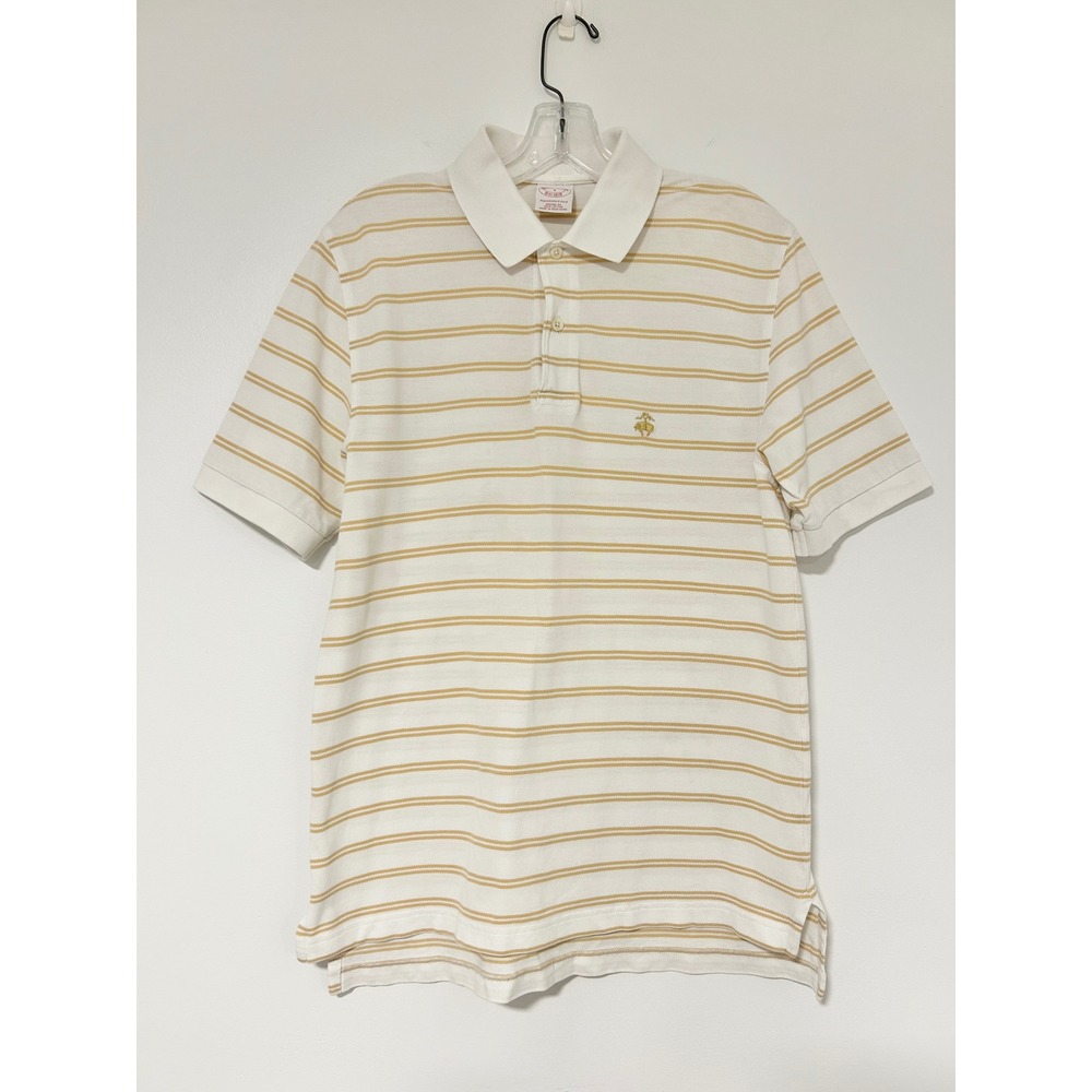 Brooks Brothers Mens Performance Polo Shirt Small White Tan Striped Cotton Pique